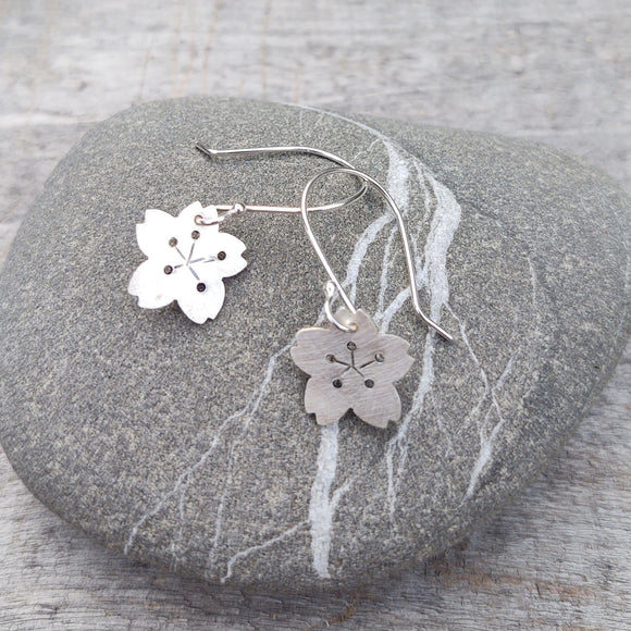 Tiny Flat Silver Cherry Blossom Dangle Earring--Brushed Recycled Silver