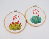 Succulent Embroidery in Aqua Turquoise Green Ombre with Salmon and Coral Colored Flower