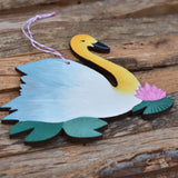 Swan Wooden Ornament in Blue Laser Cut Wood and Handpainted