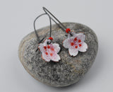 Cherry Blossom Enameled Earring on Oxidized Silver Hook