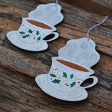 Holly Teacup Wooden Ornament Laser Cut Wood and Handpainted