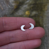 Tiny Crescent Moons Studs in Brushed Recycled Silver
