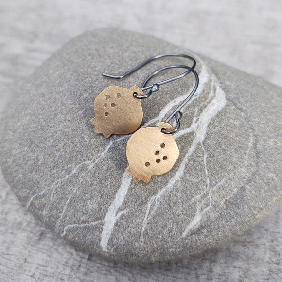 Tiny Flat Golden Pomegranate Dangle Earring--Brushed Gold Filled Metal on Oxidized Silver Earwires