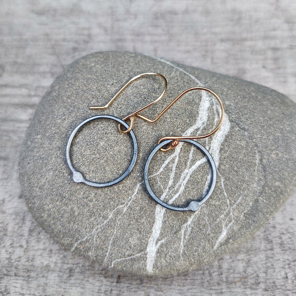 Flattened Drop Small Hoops in Oxidized Recycled Sterling Silver with Gold Filled Hooks