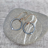 Flattened Drop Small Hoops in Oxidized Recycled Sterling Silver with Gold Filled Hooks