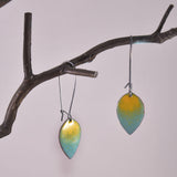 Aspen Leaf Enameled Earring on Oxidized Silver Hook Blue and Yellow