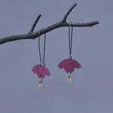Dark Pink Cherry Blossom with Golden Leaf Enameled Earring on Oxidized Silver Hook