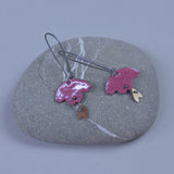Dark Pink Cherry Blossom with Golden Leaf Enameled Earring on Oxidized Silver Hook