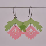 Leaf and Flower Green and Pink Acrylic on Oxidized Sterling Silver Hooks