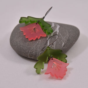 Leaf and Flower Green and Pink Acrylic on Oxidized Sterling Silver Hooks