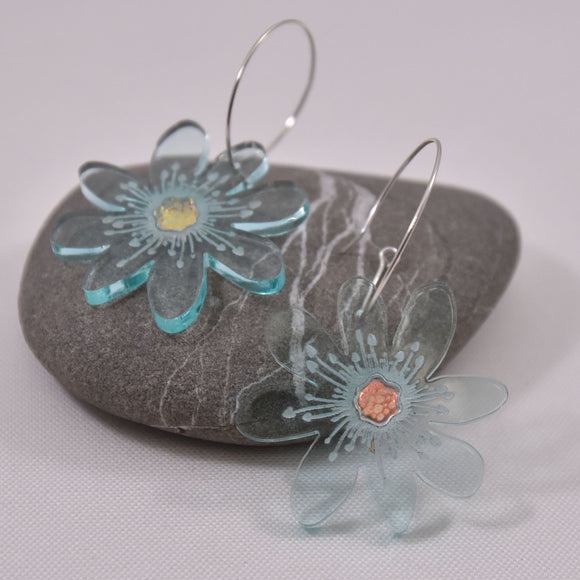 Hepatica Flower Earring in Pale Blue Glass Acrylic on Sterling Silver Hoops