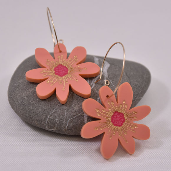 Hepatica Flower Earring in Coral Acrylic on Gold Filled Hoops