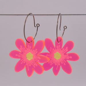 Hepatica Flower Earring in Bright Florescent Red Acrylic on Oxidized Sterling Silver Hoops