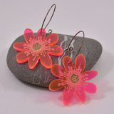 Hepatica Flower Earring in Bright Florescent Red Acrylic on Oxidized Sterling Silver Hoops