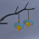 Matisse Flower Aqua and Goldenrod Enameled Earring on Oxidized Silver Hook