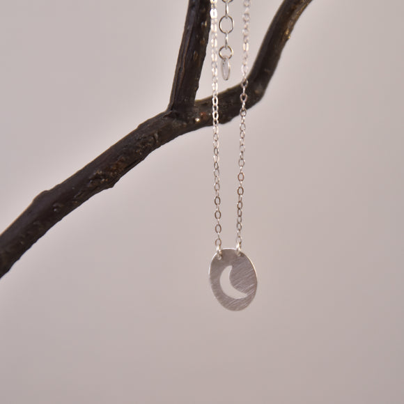 Oval Charm Tiny Necklace-- Moon in Recycled Silver with Extender Chain