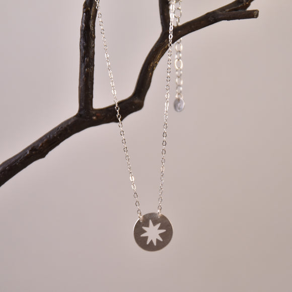 Circle Charm Tiny Necklace-- Starburst in Recycled Silver with Extender Chain