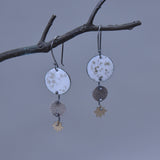 Full Moon and Stars Enameled Earring on Oxidized Silver Hook with Mixed Metals