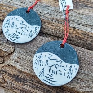 Winter Forest with House Ornament- Colored Porcelain with Sgraffito Details