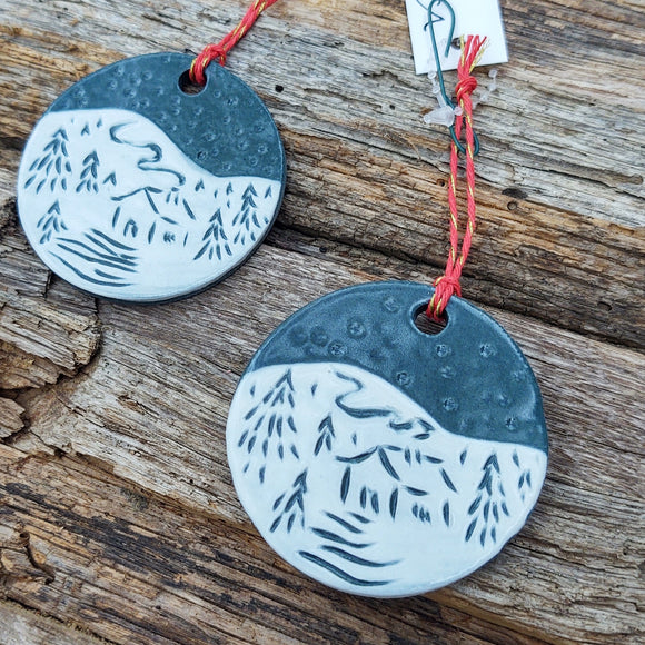 Winter Forest with House Ornament- Colored Porcelain with Sgraffito Details