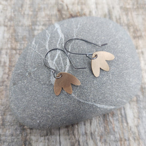 Tiny Mucha Leaf--Sterling Silver or Brushed Gold Filled Metal on Silver Earwires