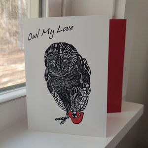 Owl My Love original lino cut image digitally printed on white cardstock with envelope