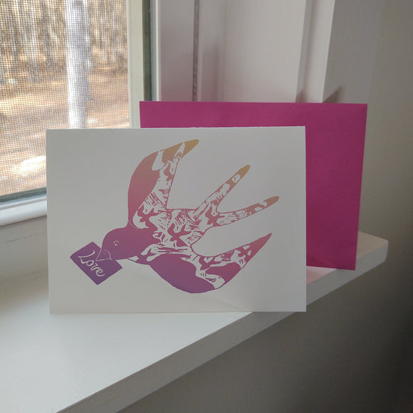 Love Birds original lino cut image digitally printed on white cardstock with envelope