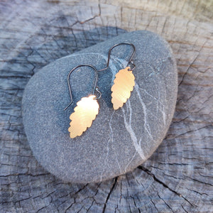 Small Fir Cone Dangle Earring Gold Filled Leaf on Oxidized Silver Hook