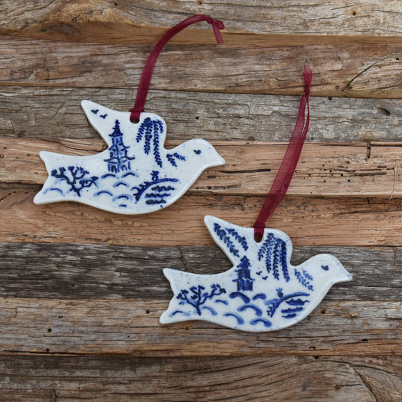 Blue Willow Dove Porcelain with Burgundy Ribbon