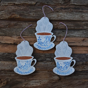 Blue Willow Teacup Wooden Ornament Laser Cut Wood and Handpainted