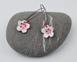 Cherry Blossom Enameled Earring on Oxidized Silver Hook