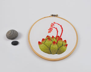 Succulent Embroidery in Olive Green Ombre Green Ombre with Salmon and Coral Colored Flower