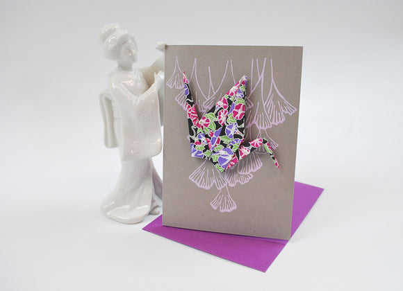 Crane Card in Grey and Purples Origami Paper Crane on a hand Screen Printed Card with Envelope