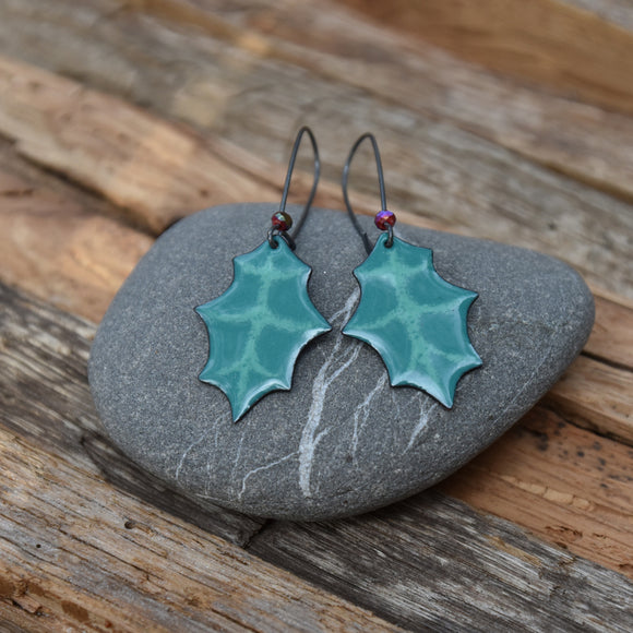 Festive Holly Leaf Enameled Earring on Oxidized Silver Hook with Accent Bead