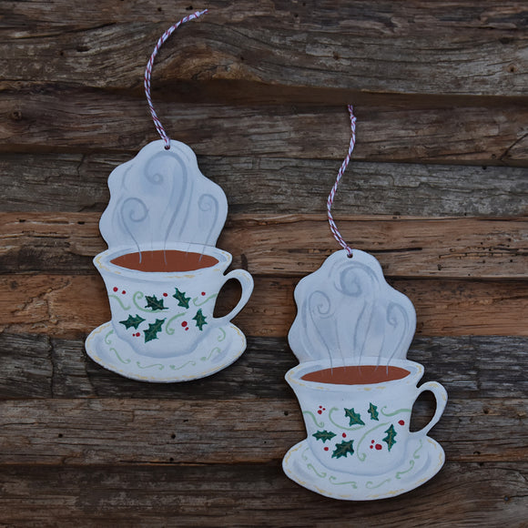 Holly Teacup Wooden Ornament Laser Cut Wood and Handpainted
