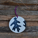 Oak Leaf Porcelain Ornament Sgraffito with Purple Silk