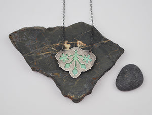 Pere Lachaise Pomegranate Necklace with Green Enamel under Oxidized Silver on Gold Filled Chain