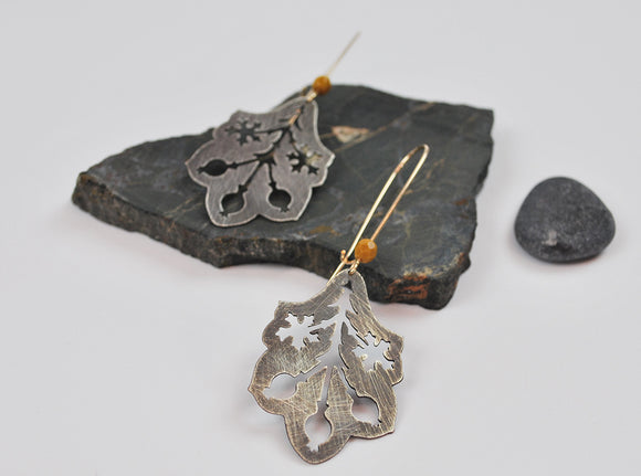 Pere Lachaise Pomegranate Earring in brushed oxidized silver on gold filled hooks