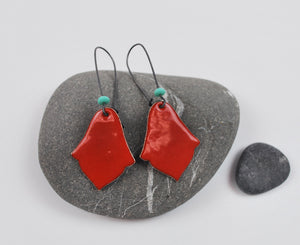 Red India Enameled Earring on Oxidized Silver Hook