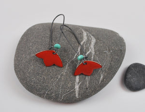 Red Blossom Enameled Earring on Oxidized Silver Hook