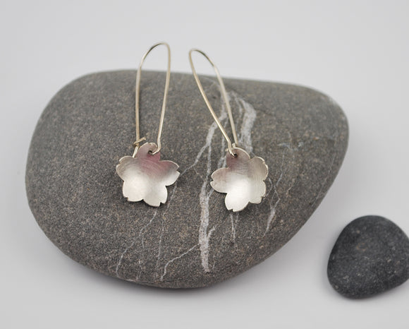 Silver Cherry Blossom Dangle Earring--Brushed Recycled Sterling Silver on Silver Kidney Earwires