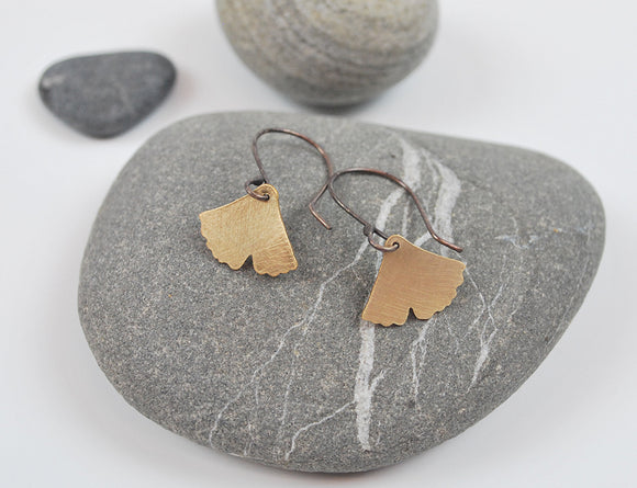 Small Ginkgo Dangle Earring Gold Filled Leaf on Oxidized Silver Hook