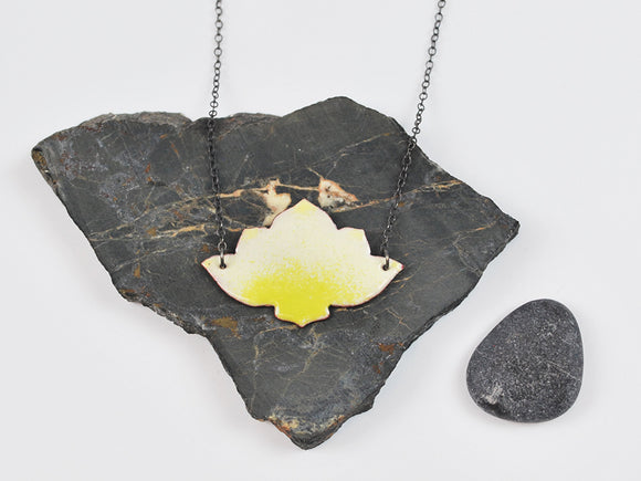 White Ombre Lotus Enameled Necklace on Oxidized Silver Chain