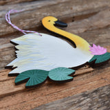 Swan Wooden Ornament in White Laser Cut Wood and Handpainted