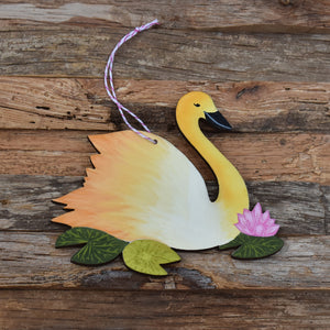 Swan Wooden Ornament in Yellow Laser Cut Wood and Handpainted